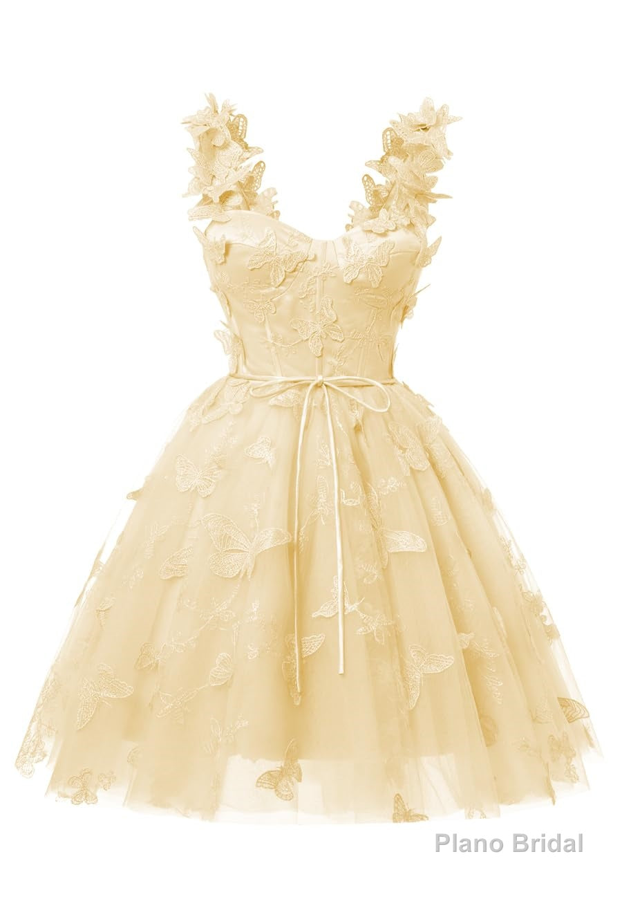 Yellow 3D Butterfly Lace Applique Tulle Homecoming Dress for Teens Sweetheart Mini Short Prom Dresses Secondary image
