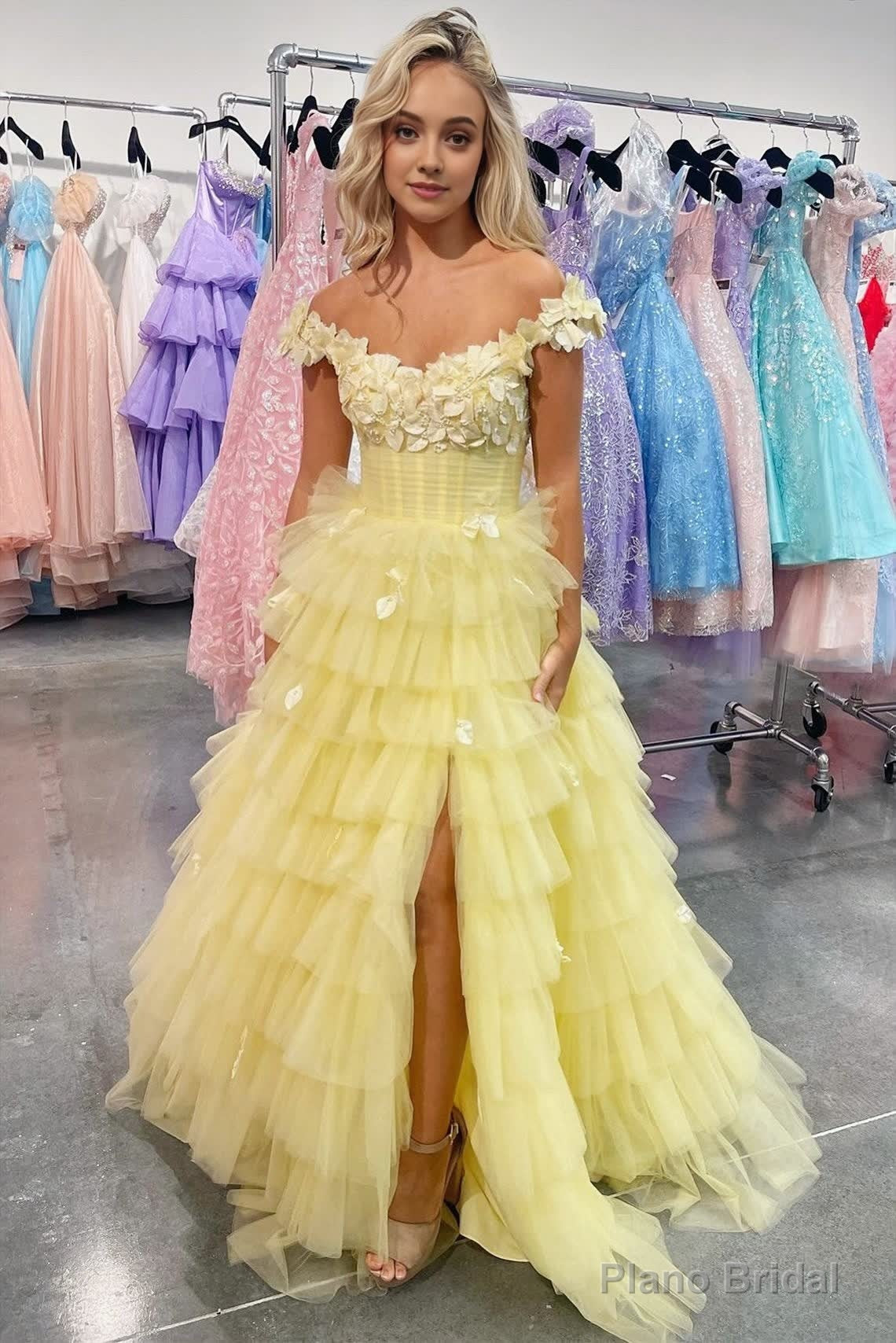 Yellow 3D Floral Lace Off-the-Shoulder Ruffle Tiered Prom Gown Main image