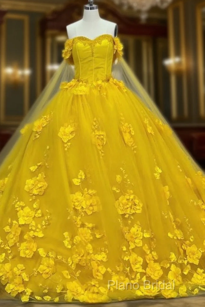 Yellow 3D Flowers Ball Gown Dresses With Cape Main image
