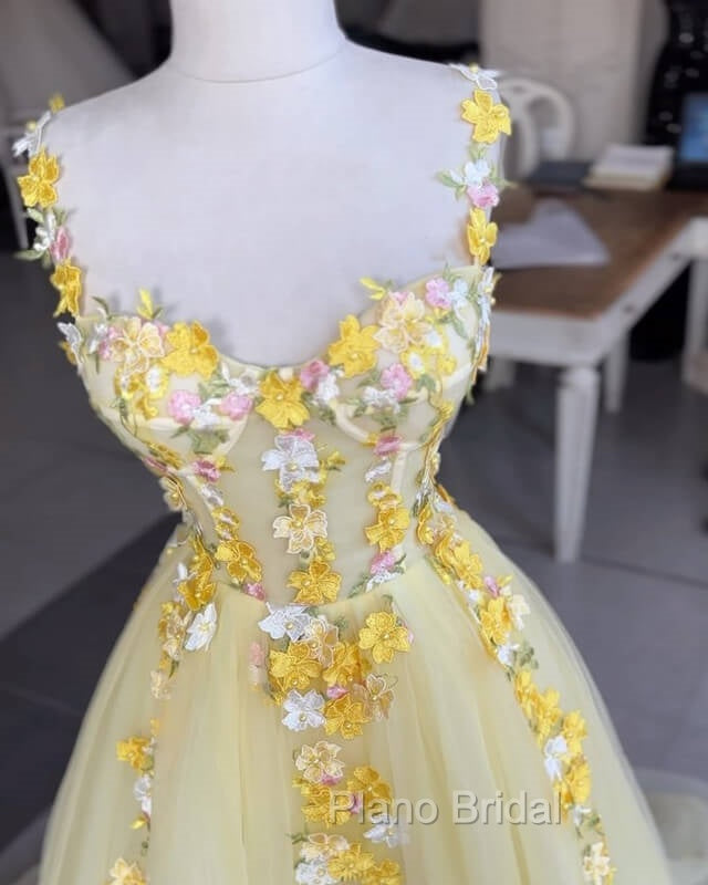 Yellow 3D Lace Embroidery Tulle Corset Dresses