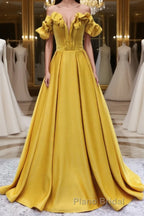 Yellow A-line Satin Long Formal Prom Dress, Yellow Formal Dress