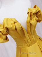 Yellow A-line Satin Long Formal Prom Dress, Yellow Formal Dress
