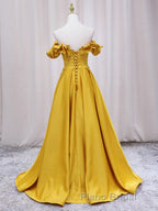 Yellow A-line Satin Long Formal Prom Dress, Yellow Formal Dress