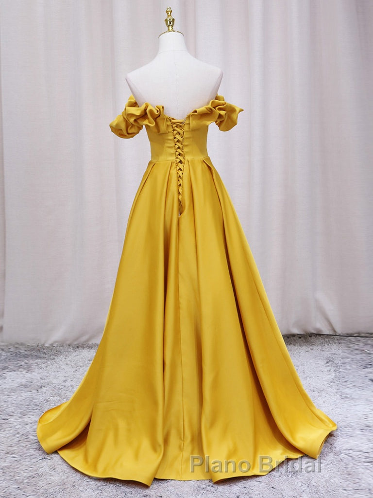 Yellow A-line Satin Long Formal Prom Dress, Yellow Formal Dress