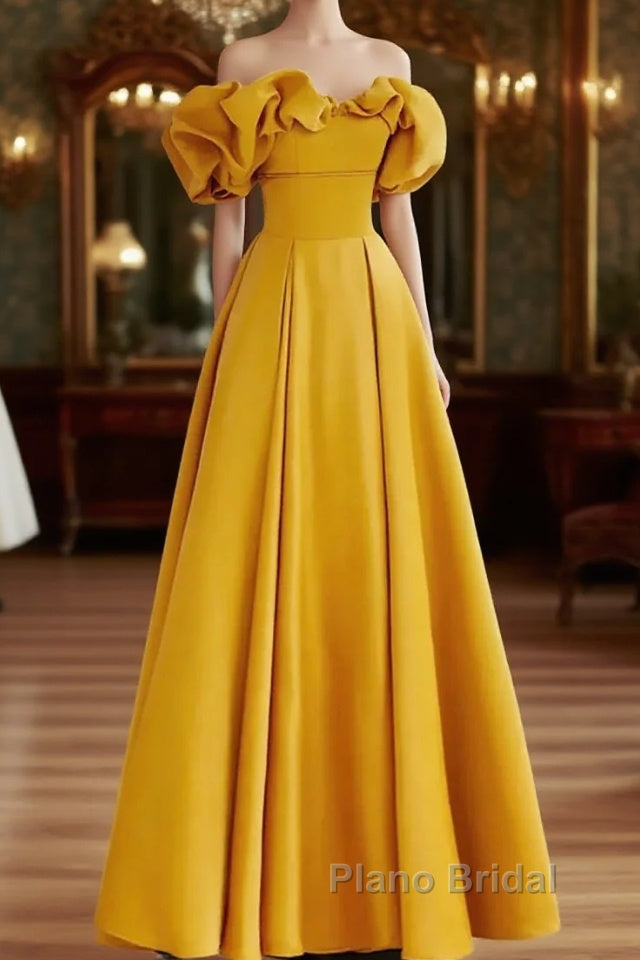 Yellow A-Line Satin Off Shoulder Long Party Dresses, Yellow Formal Dresses Evening Dresses Main image