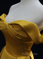 Yellow A-Line Simple Satin Off Shoulder Formal Prom Dresses, Yellow Satin Formal Dresses