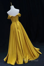 Yellow A-Line Simple Satin Off Shoulder Formal Prom Dresses, Yellow Satin Formal Dresses