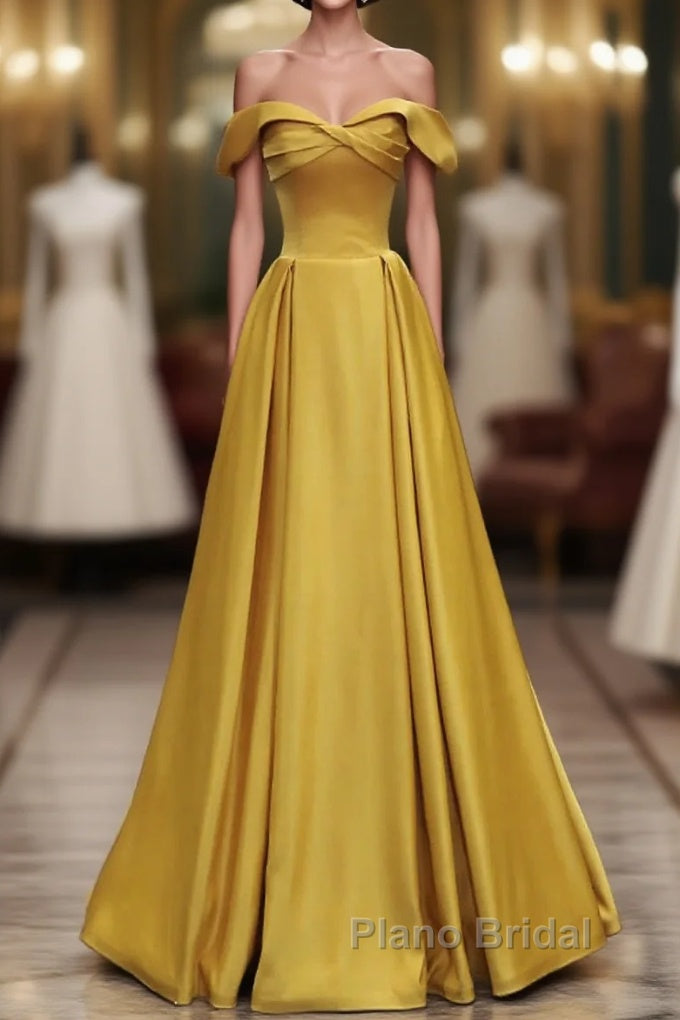 Yellow A-Line Simple Satin Off Shoulder Formal Prom Dresses, Yellow Satin Formal Dresses Main image