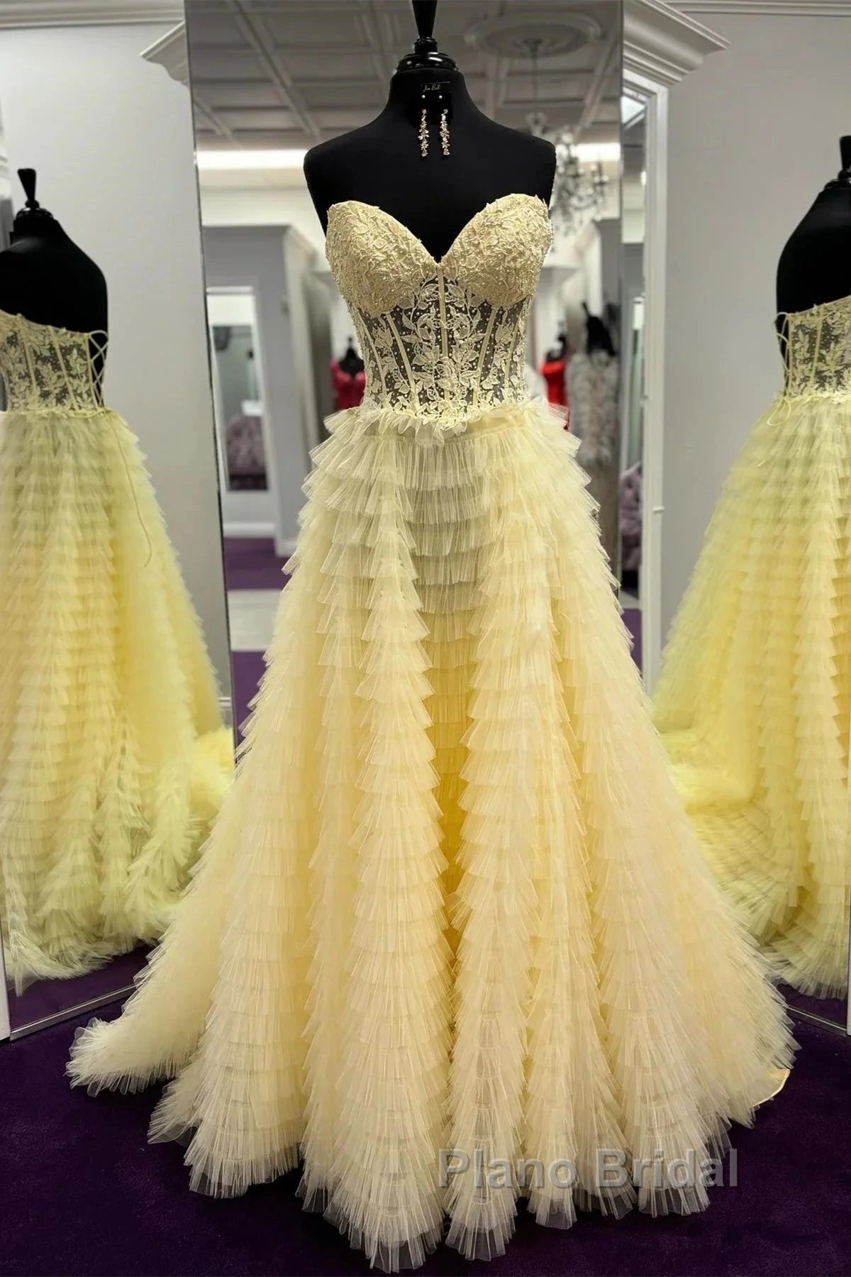 Yellow A-Line Strapless Multi-Layers Sweetheart Tulle Beaded Long Formal Prom Dresses With Slit