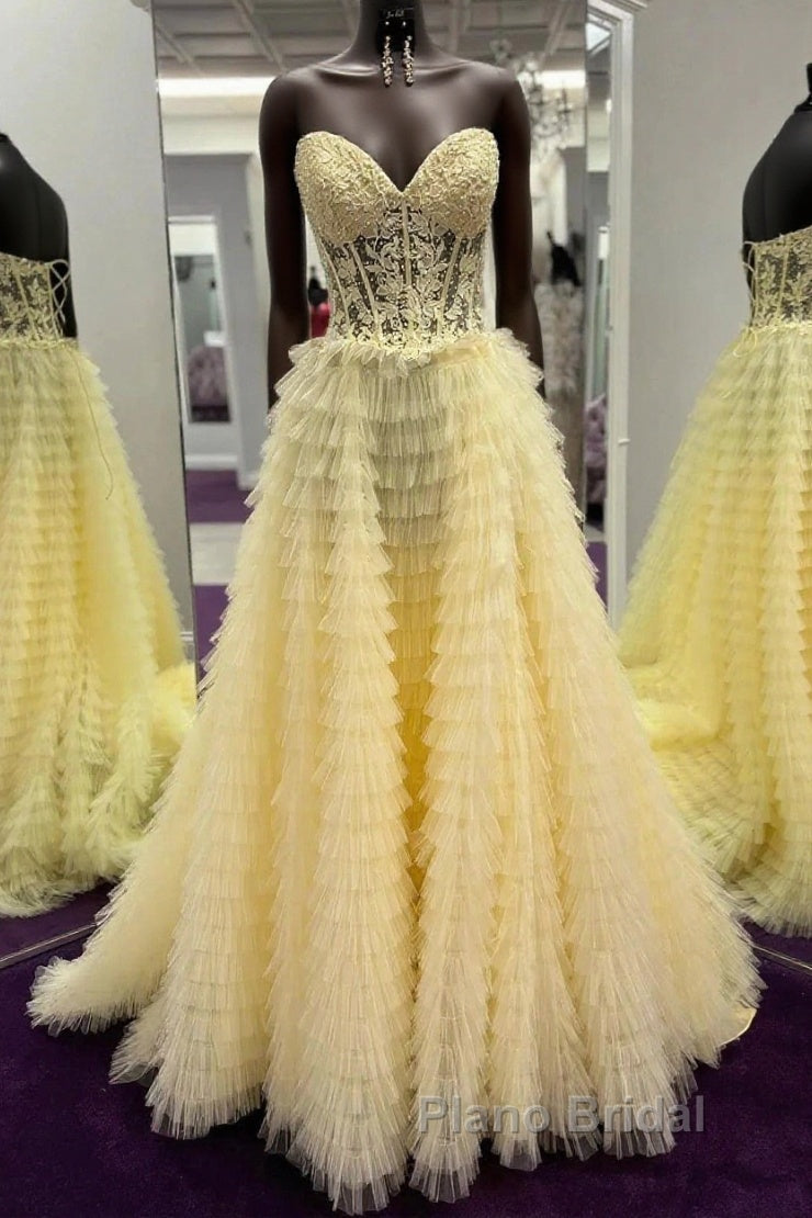 Yellow A-Line Strapless Multi-Layers Sweetheart Tulle Beaded Long Formal Prom Dresses With Slit Main image