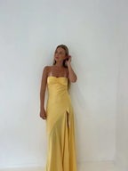 Yellow A-Line Spaghetti Straps Long Party Dresses With Slit
