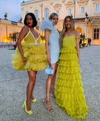 Yellow A-Line Tiered Tulle Off-The-Shoulder Long Formal Prom Party Dresses