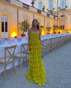 Yellow A-Line Tiered Tulle Off-The-Shoulder Long Formal Prom Party Dresses