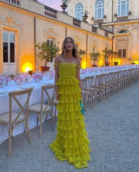 Yellow A-Line Tiered Tulle Off-The-Shoulder Long Formal Prom Party Dresses