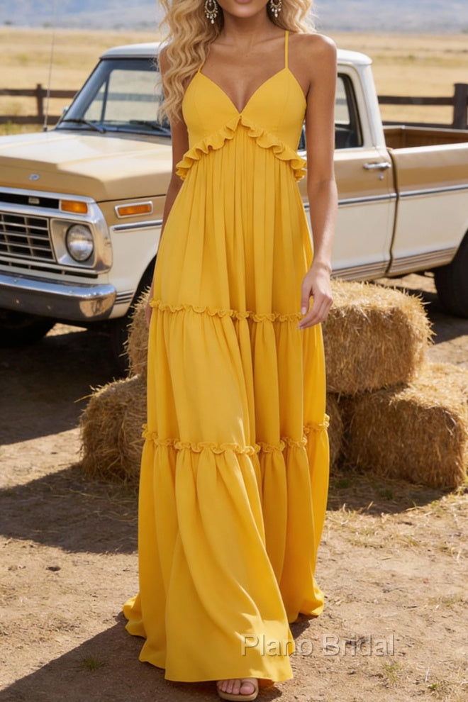 Yellow A-line V Neck Sleeveless Floor-Length Chiffon Prom Dress Long Prom Dresses Backless with Pleated Ruffles