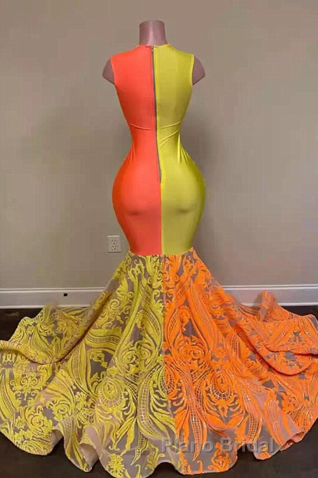 Yellow and Orange Mermaid Formal Prom Dress Lace Long On Sale