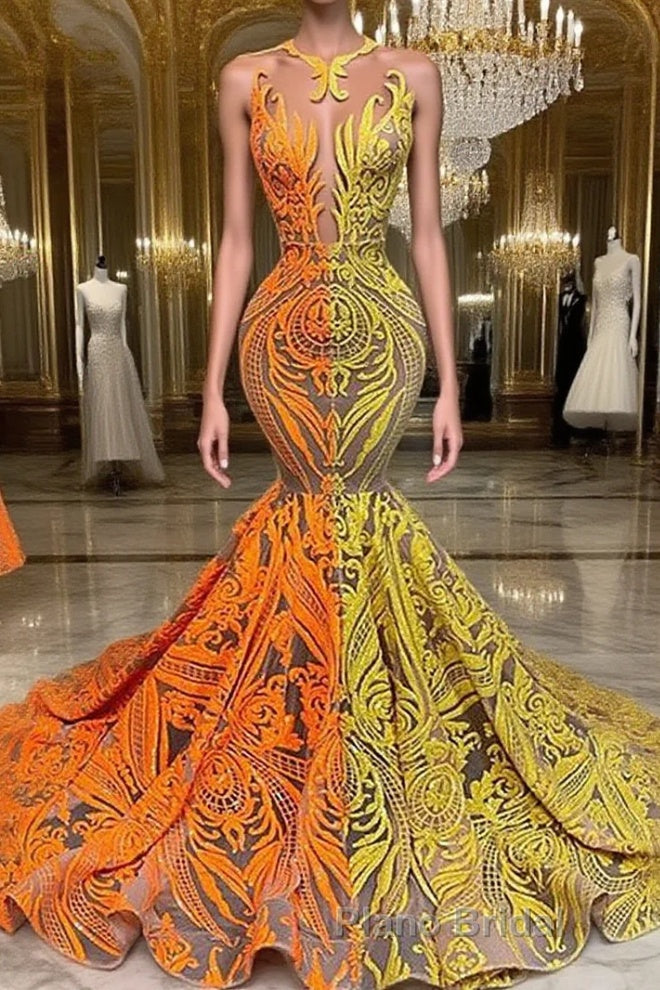 Yellow and Orange Mermaid Formal Prom Dress Lace Long On Sale