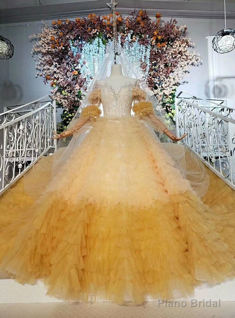 Yellow Ball Gown Tulle Long Sleeve Open Back Wedding Dress With Beading Main image