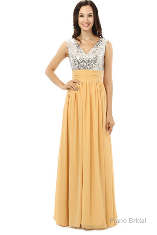 Yellow Chiffon Silver Sequins V-neck Backless Bridesmaid Dresses Secondary image