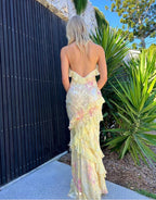 Yellow Fashion Elegant Layered Tulle Long Ball Gown Backless Mermaid Slim Fit Formal Evening Gown Party Dresses