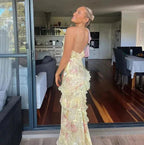Yellow Fashion Elegant Layered Tulle Long Ball Gown Backless Mermaid Slim Fit Formal Evening Gown Party Dresses