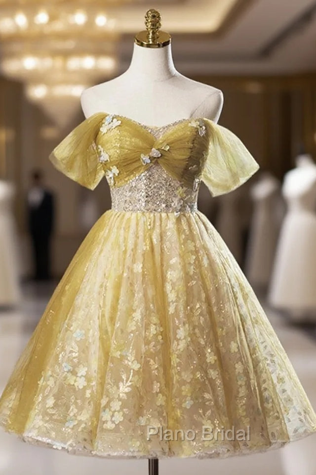 Yellow Floral Tulle Knee Length Formal Prom Dresses, Lovely A-Line Evening Party Dresses Main image