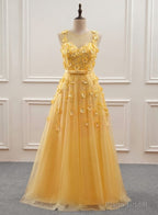 Yellow Flowers Tulle Long New Prom Dress, A-line Party Dress