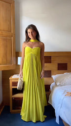 Yellow Green Fashion Simple Elegant Tube Top Off Shoulder Long Chiffon Ball Gown Party Dresses Formal Evening Dresses With Scarf