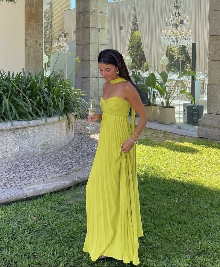 Yellow Green Fashion Simple Elegant Tube Top Off Shoulder Long Chiffon Ball Gown Party Dresses Formal Evening Dresses With Scarf Main image
