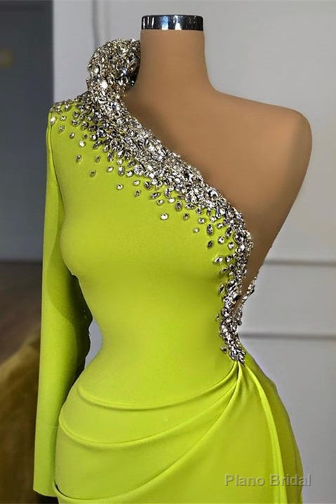 Yellow Green Long Sleeves One Shoulder Prom Dress Mermaid With Beads Secondary image