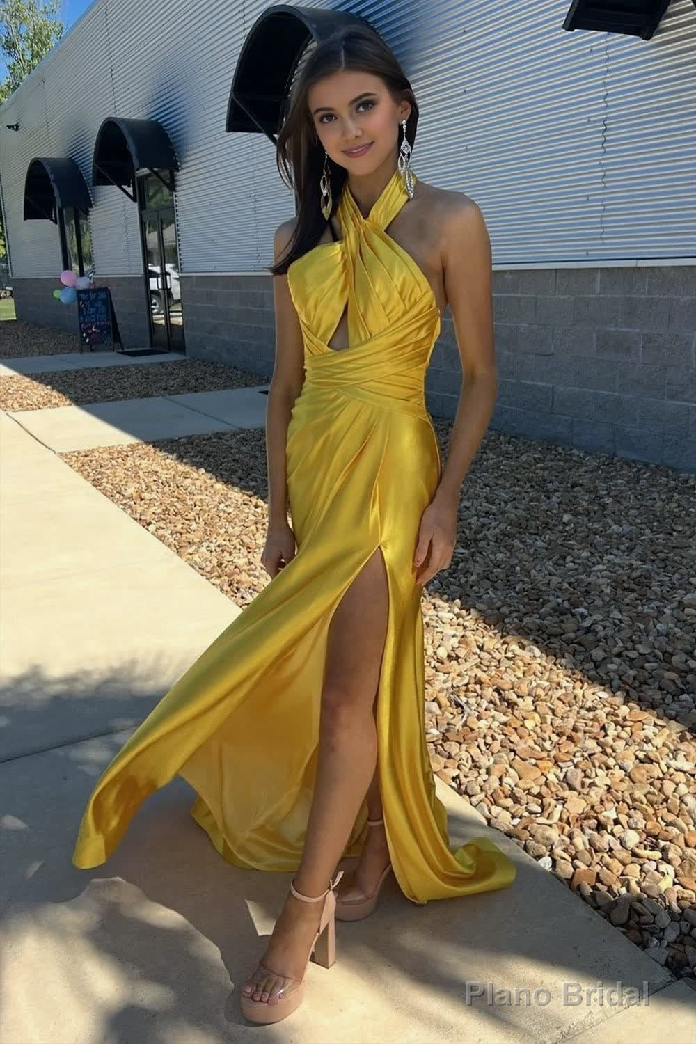 Yellow Halter Satin Mermaid Long Prom Dress With Slit Secondary image