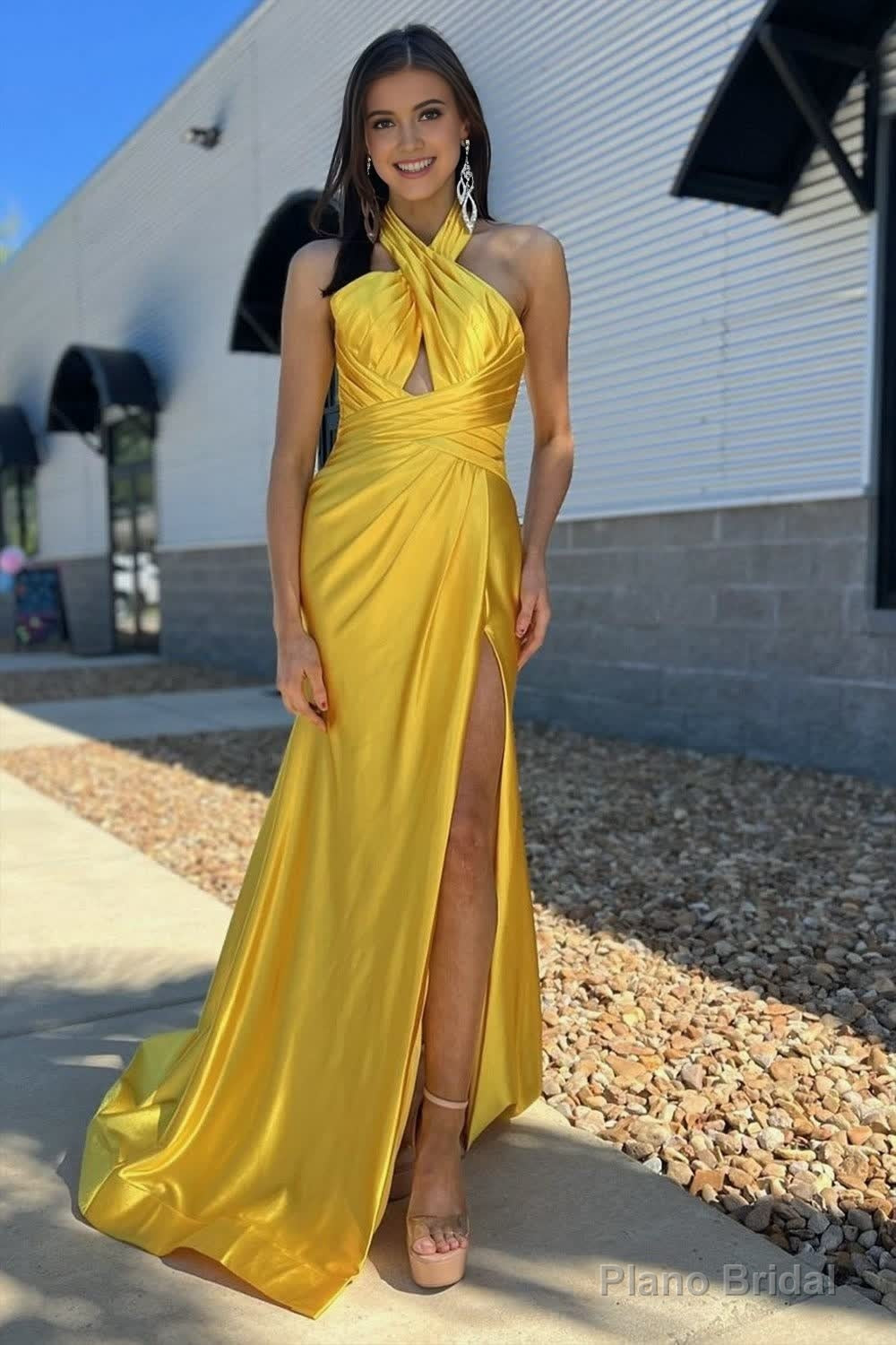 Yellow Halter Satin Mermaid Long Prom Dress With Slit Main image