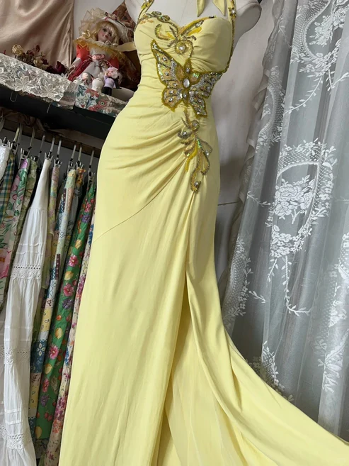 Yellow Halter Sweetheart Mermaid Vintage Long Party Dresses Formal Evening Dresses
