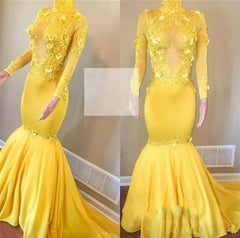 Yellow High Neck Flower Appliques Mermaid Long Sleevess Prom Dresses