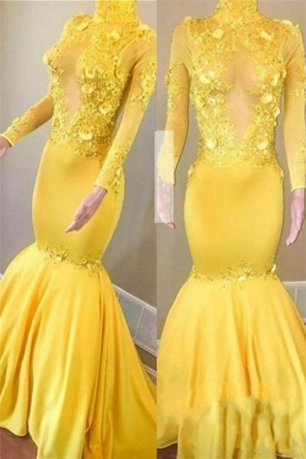 Yellow High Neck Flower Appliques Mermaid Long Sleevess Prom Dresses