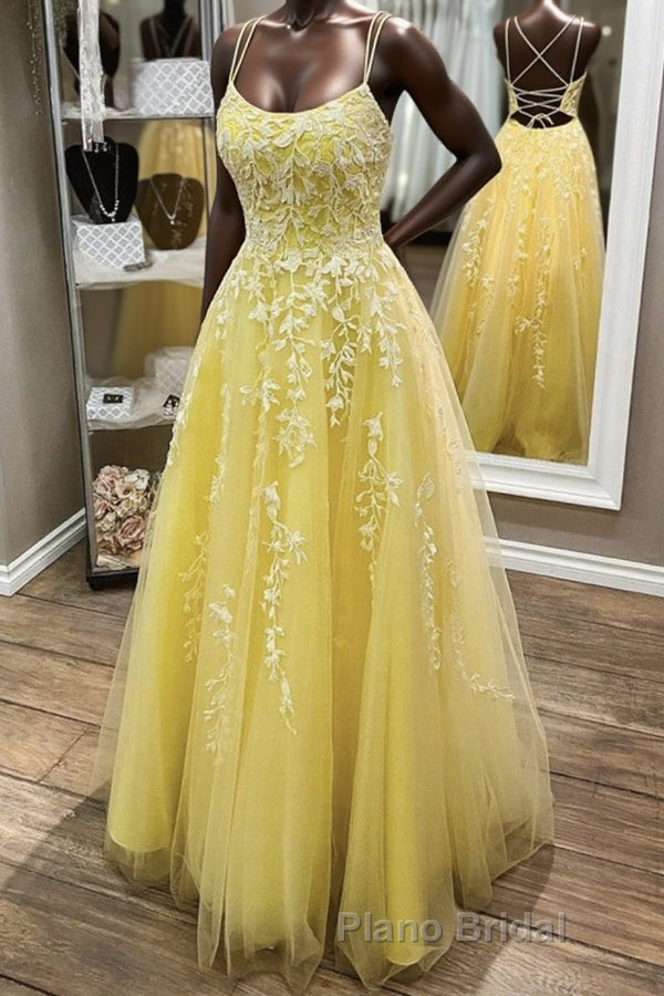 Yellow Lace Backless A Line Long Formal Prom Dress Open Back Formal Dress Yellow Evening Dress Main image
