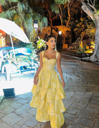 Yellow Layered Satin Long A Line Formal Prom Dresses
