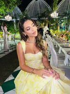 Yellow Layered Satin Long A Line Formal Prom Dresses