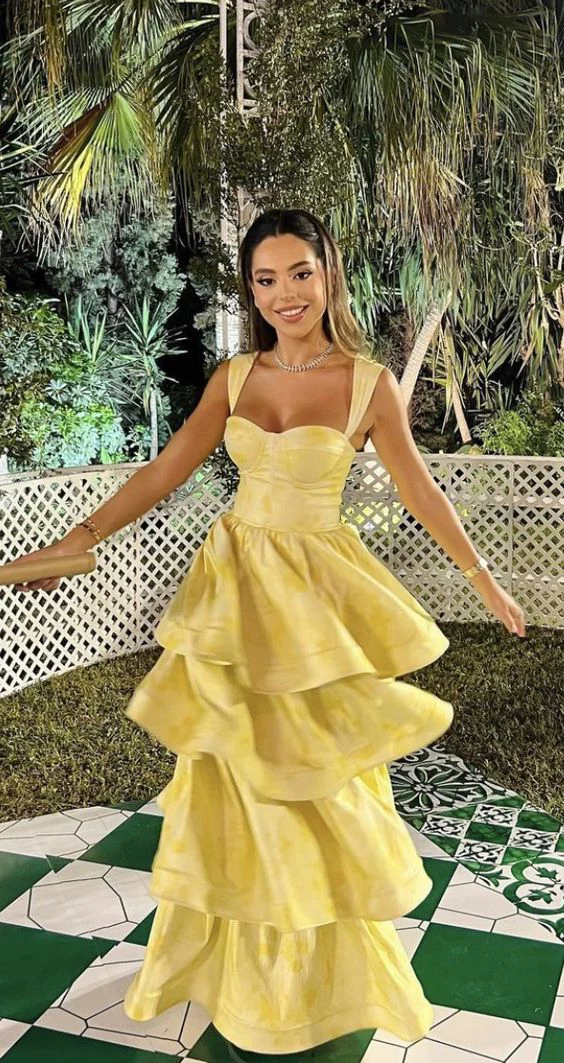 Yellow Layered Satin Long A Line Formal Prom Dresses Main image