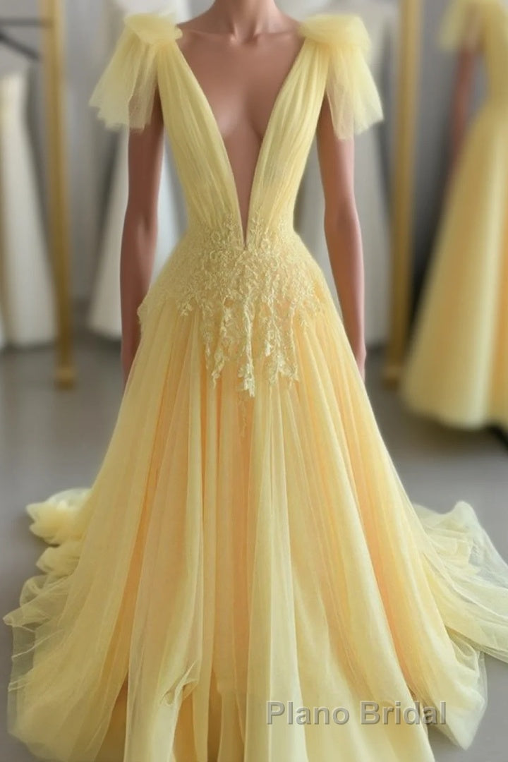 Yellow Long A-line V Neck Lace Tulle Backless Formal Graduation Formal Prom Dresses Main image
