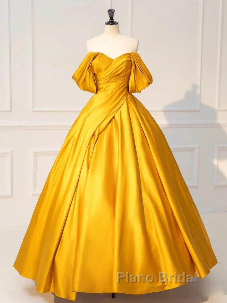 Yellow Off Shoulder Satin Long Formal Prom Dresses Quinceanera Dresses