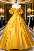 Yellow Off Shoulder Satin Long Formal Prom Dresses Quinceanera Dresses