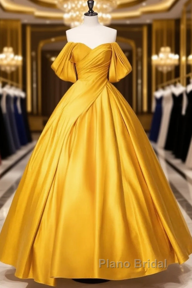 Yellow Off Shoulder Satin Long Formal Prom Dresses Quinceanera Dresses