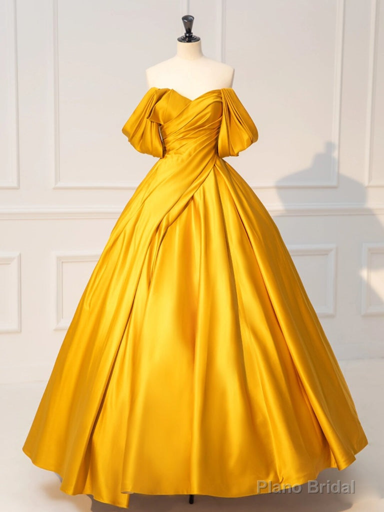 Yellow Off Shoulder Satin Long Prom Dress, Yellow Long Evening Dress Main image