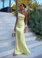 Yellow One Shoulder Formal Prom Dresses, Formal Evening Dresses, Floor Length Party Gowns