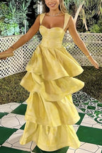 Yellow Printing A-Line Tiered Sleeveless Long Formal Prom Formal Dresses