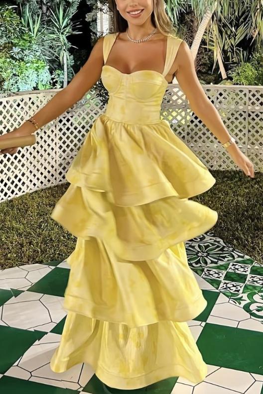 Yellow Printing A-Line Tiered Sleeveless Long Formal Prom Formal Dresses