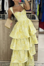 Yellow Printing A-Line Tiered Sleeveless Long Formal Prom Formal Dresses