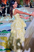 Yellow Printing A-Line Tiered Sleeveless Long Formal Prom Formal Dresses