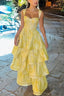 Yellow Printing A-Line Tiered Sleeveless Long Formal Prom Formal Dresses